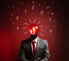Businessman with a light bulb instead of a head. new ideas and question marks. Decision making and uncertainty. Clean dark red background. Red tie.