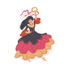 Beautiful gypsy woman with tambourine dancing in fluffy long dress, Romany performance flamenco folk vector isolated