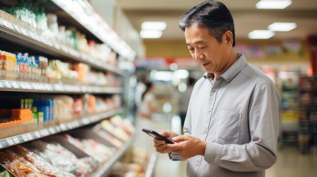 Mature asian man checking products in supermarket with phone or texting someone.
