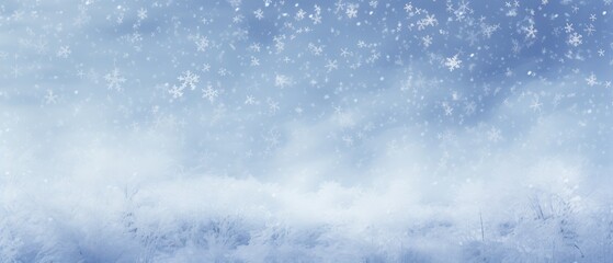 Winter landscape with sparkling snowflakes and frost. Seasonal background and holiday texture.