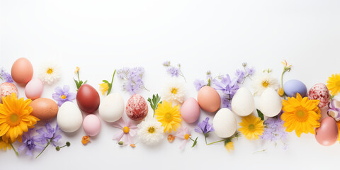 Fototapeta na wymiar Colorful Easter eggs with beautiful spring flowers on a white background. A festive banner with a place for text. Flatlay.