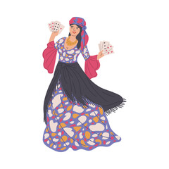 Female gypsy, pretty Romani woman with cards, vector illustration on white