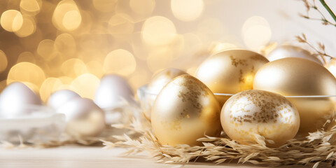 Fototapeta na wymiar Festive banner with golden Easter eggs.