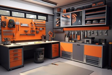 In a garage workshop with a subdued gray interior and vibrant orange accents, tools are thoughtfully arranged on the wall, creating a practical space for DIY projects. Photorealistic illustration - obrazy, fototapety, plakaty