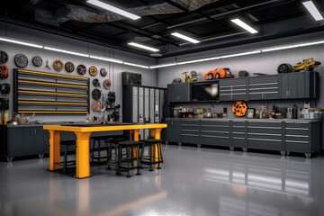 In a spacious workshop, a sturdy metal table and cabinets are strategically placed, providing a functional and well-organized environment for various projects and tasks. Photorealistic illustration - obrazy, fototapety, plakaty