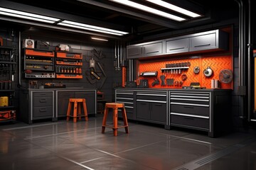 In a workshop with a black interior and orange accents, metal cabinets and tools are thoughtfully organized on the walls, creating a modern environment for projects. Photorealistic illustration