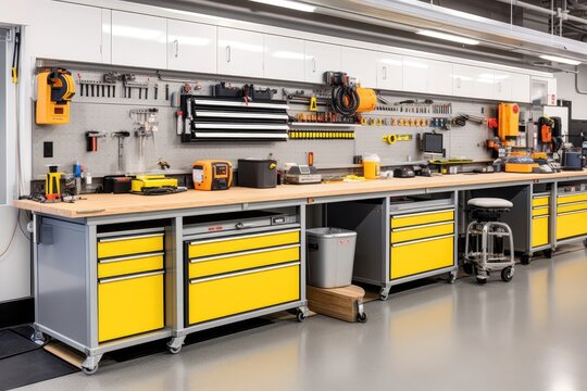 In a workshop scene, a large table is positioned atop cabinets, and various tools are neatly organized on the wall, creating an organized and functional workspace. Photorealistic illustration