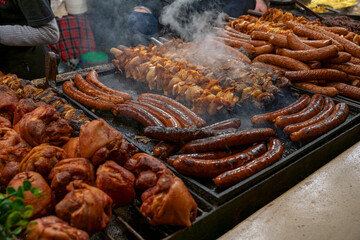 Krakow Christmas Market with fresh grilled food 