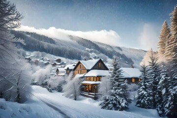 Winter fairytale, heavy snowfall covered the trees and houses in the mountain village