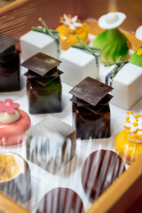 Assorted variety of petite gateau. Fine french desserts on a tray. 