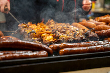 Krakow Christmas Market with fresh grilled food 