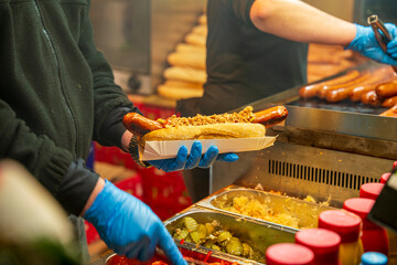 Krakow Christmas Market with fresh grilled food 
