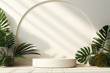 3D White Podium for Modern Product Display With Tropical Leaves