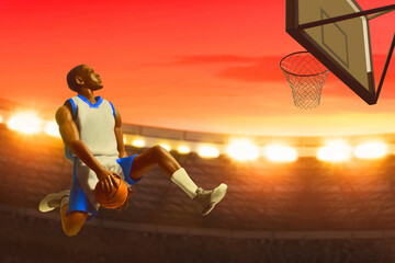 3d illustration silhouette of professional basketball player slam dunk at sunset sky © fotokitas