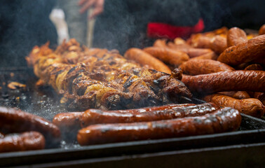 Krakow Christmas Market with fresh grilled food 