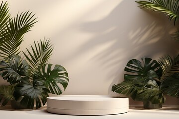 Obraz premium 3D White Podium for Modern Product Display With Tropical Leaves