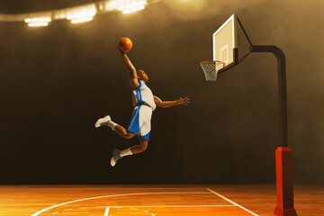 3d illustration tournament professional basketball player slam dunk in sport arena © fotokitas