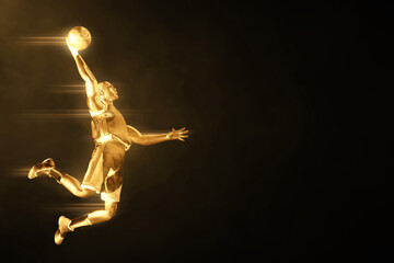 3d illustration shiny golden professional basketball player slam dunk on dark background © fotokitas