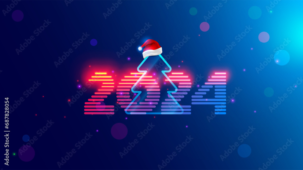 Poster 2024 new year. Christmas tree with digital number year in neon light. Celebration banner in computer cyberpunk technology style. Christmas party event poster in tech cyber decoration. 2024 on blue.
