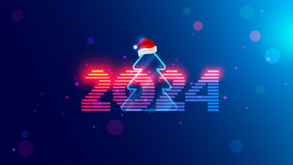 2024 new year. Christmas tree with digital number year in neon light. Celebration banner in computer cyberpunk technology style. Christmas party event poster in tech cyber decoration. 2024 on blue.