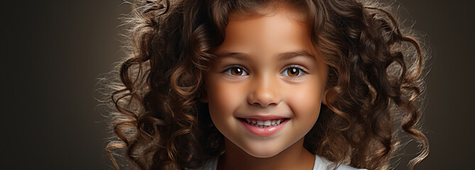 Fototapeta premium Young girl with brown curly hair and happy positive smile on gray background. Space for text. Banner with happy little girl with white milk tooth with copy space. Perfect kids smile.