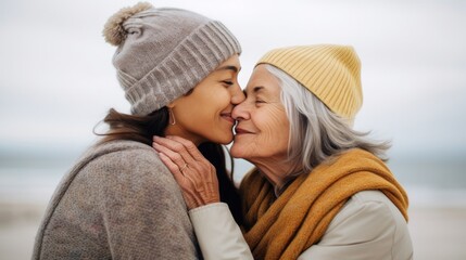 Fototapeta premium Generational Kiss, Elderly grandmother and Young granddaughter