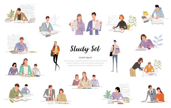 ベクターイラスト素材：勉強する学生、人物セット
