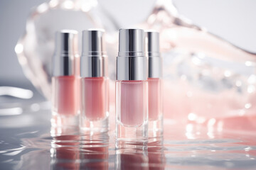 Naklejka premium Set of Luxurious Lip Glosses with Reflective Caps on Glossy Surface