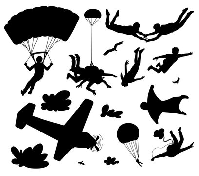 Black silhouette of parachute jump, wingsuit flying, airplane, skydiving lovers parry in the air vector illustration set