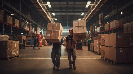 Warehouse workers in the warehouse. Two men carry the larger container. - obrazy, fototapety, plakaty