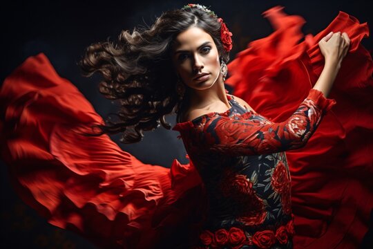 passionate and intense medium shot of a Spanish flamenco dancer in full performance. The dancer is clad in a traditional, elegant flamenco dress, adorned with ruffles and vibrant colors that swirl wit
