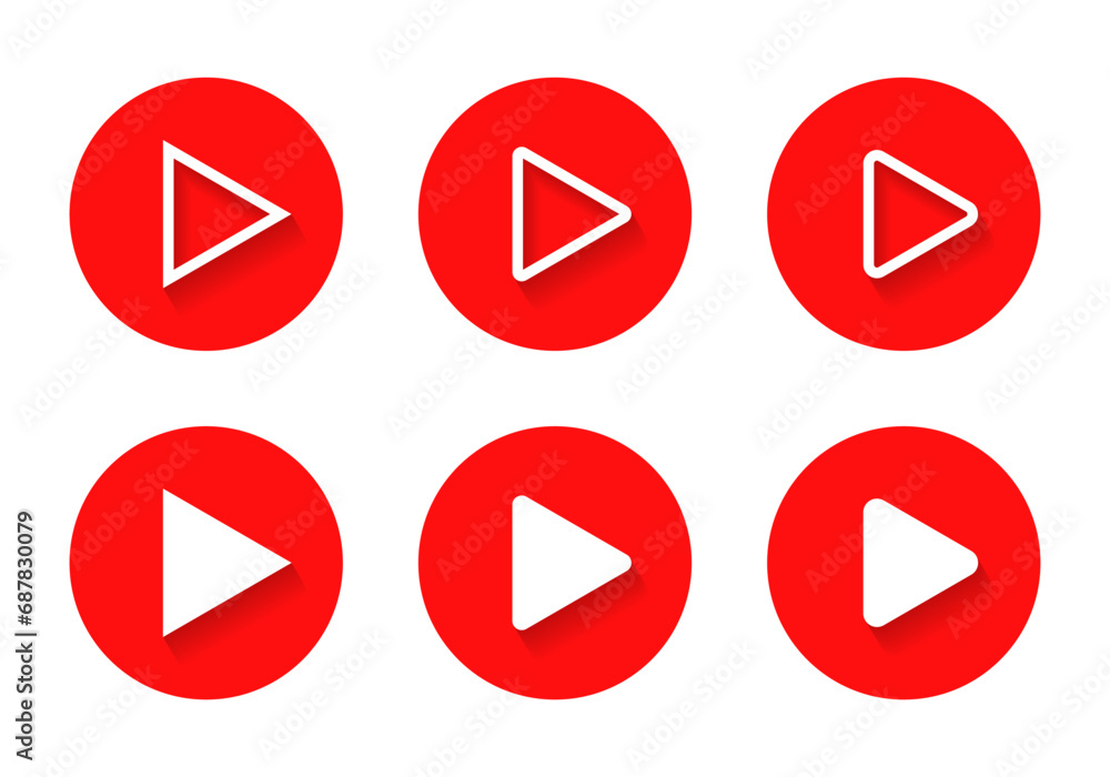 Poster play button icon vector in red circle. streaming video symbol with shadow