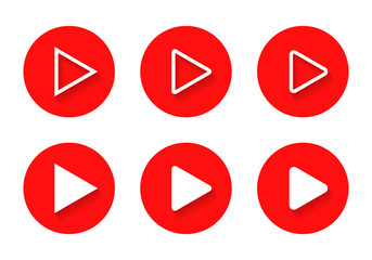 Play button icon vector in red circle. Streaming video symbol with shadow - obrazy, fototapety, plakaty