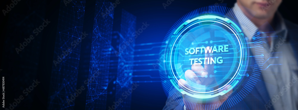 Poster inscription software testing on the virtual display. business, modern technology, internet and netwo