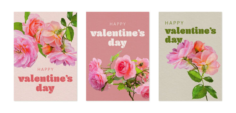 Valentines cards set with wishes and watercolor flowers
