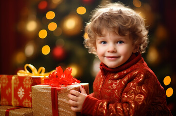 Fototapeta na wymiar Little boy near the Christmas tree opens Christmas gifts