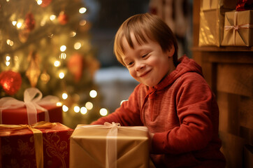 Fototapeta na wymiar A child with Down syndrome near a Christmas tree