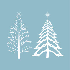 Two winter trees and Chistmas trees with snow on isolated blue background