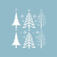 winter trees and Chistmas trees with snow on isolated blue background