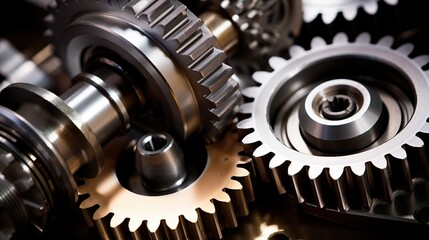 close up view of Metal gear in factory. Many different stainless steel gears on a gray background,