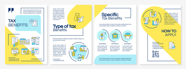 Tax benefits blue and yellow brochure template. Tax deduction. Leaflet design with linear icons. Editable 4 vector layouts for presentation, annual reports. Questrial, Lato-Regular fonts used - obrazy, fototapety, plakaty