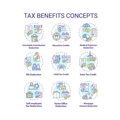 Tax benefits multi color concept icons. Financial planning. Fiscal policies. Tax relief and deduction. Types of tax credits. Icon pack. Vector images. Round shape illustrations. Abstract idea