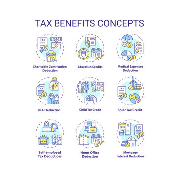 Tax benefits multi color concept icons. Financial planning. Fiscal policies. Tax relief and deduction. Types of tax credits. Icon pack. Vector images. Round shape illustrations. Abstract idea