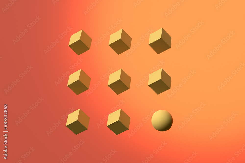 Poster a sphere stands out from the crowd with levitating cubes in a row. 3d render.