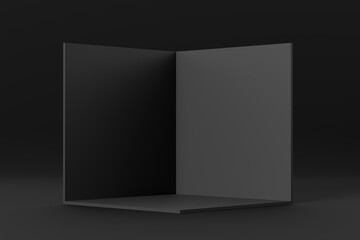 Cross section of a cube box in black room interior.