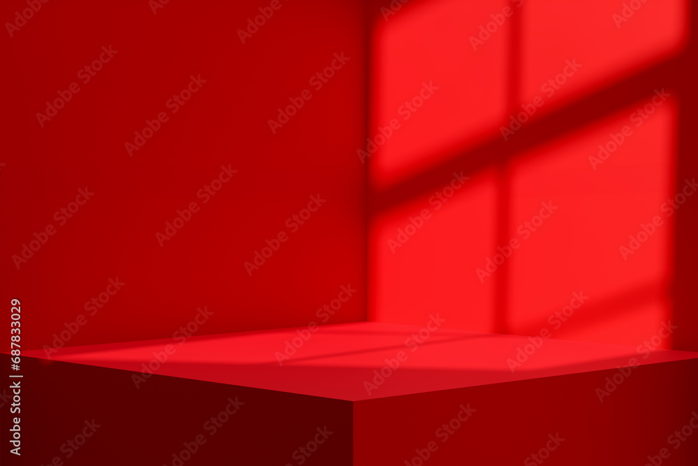 Poster empty red podium or platform with window light and shadow.