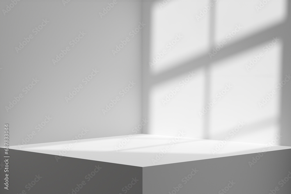Poster empty white podium or platform with window light and shadow.