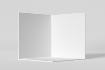 Cross section of a cube box in white room interior.
