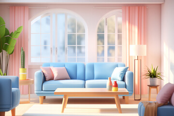 Living room design 3D rendering, 3D rendering interior room scene illustration