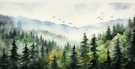 Foggy landscape with spruce forest